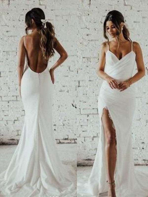 Straps Sheath/Column Sleeveless Spaghetti Ruched Sweep/Brush Train Wedding Dresses