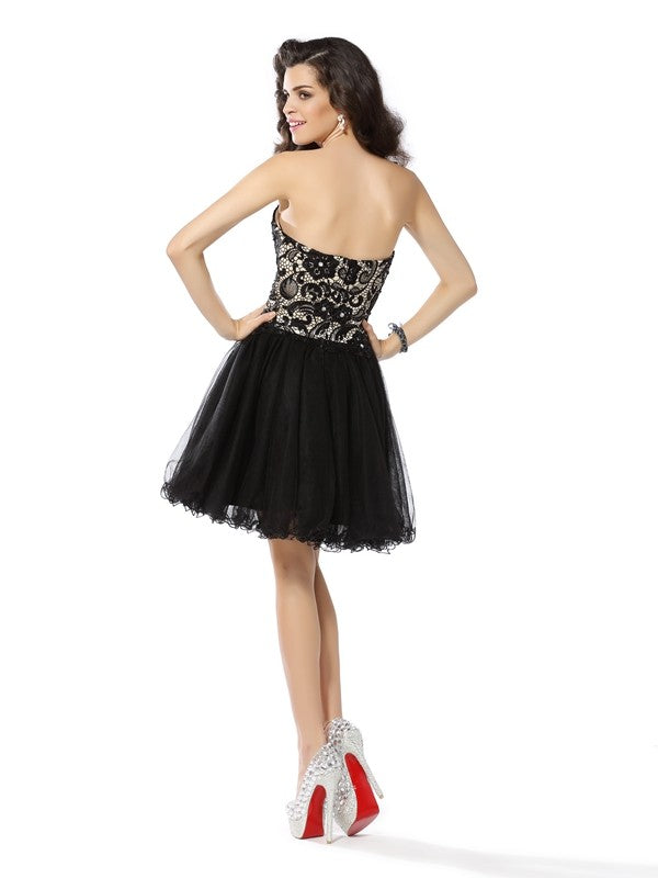 A-Line/Princess Sweetheart Ruffles Sleeveless Short Raven Net Homecoming Dresses Cocktail Dresses