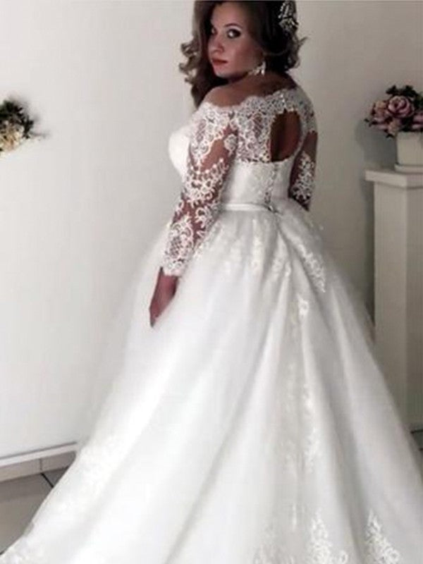 Off-the-Shoulder A-Line/Princess Long Train Sleeves Lace Sweep/Brush Tulle Wedding Dresses