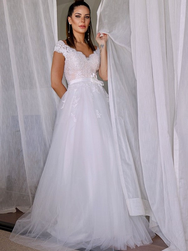 A-Line/Princess V-neck Tulle Lace Sleeveless Floor-Length Wedding Dresses