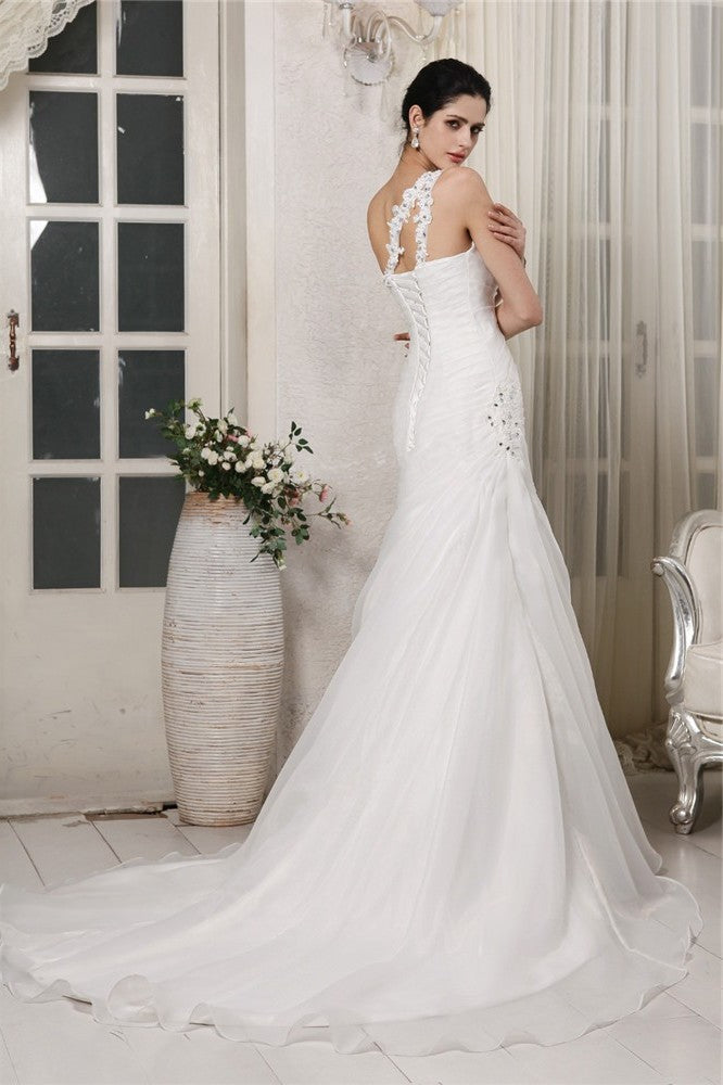 Sleeveless One-Shoulder Beading Applique Trumpet/Mermaid Long Organza Wedding Dresses