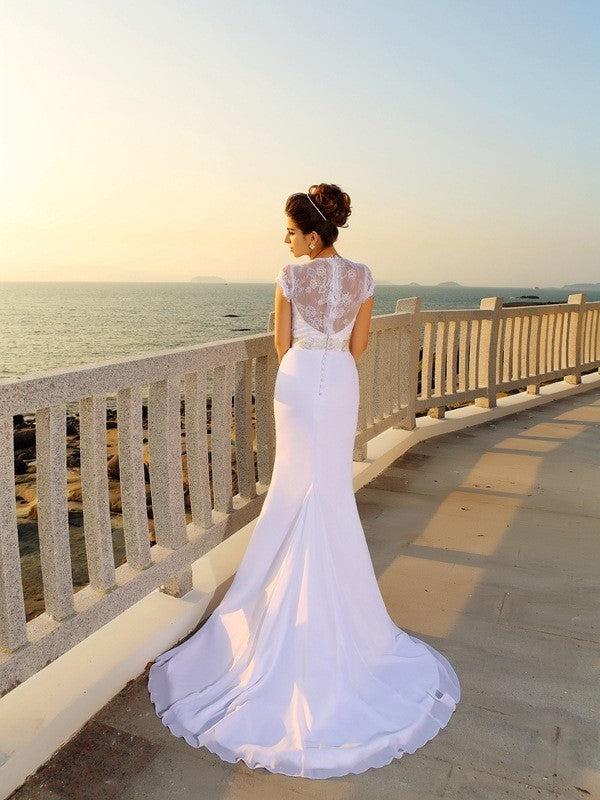 Beading V-neck Chiffon Sheath/Column Sleeveless Long Beach Wedding Dresses