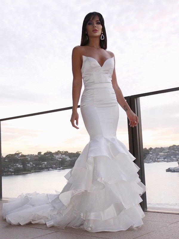 Sweetheart Satin Trumpet/Mermaid Sweep/Brush Sleeveless Layers Train Wedding Dresses