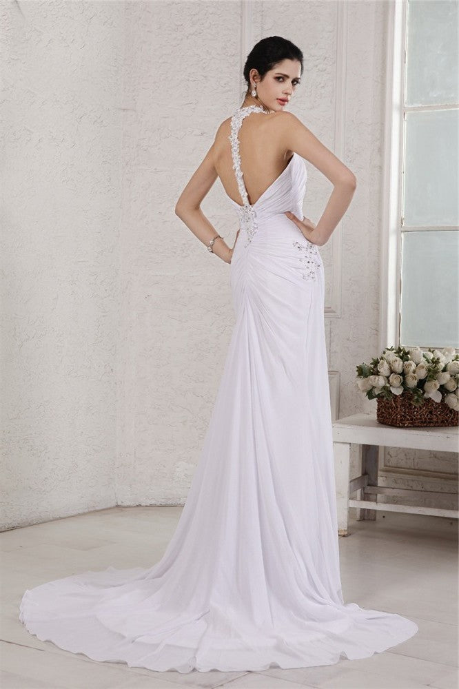 Halter Applique Sleeveless Trumpet/Mermaid Beading Long Chiffon Wedding Dresses