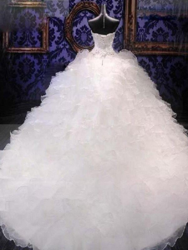 Train Sequin Chapel Sleeveless Ball Beading Sweetheart Gown Organza Wedding Dresses