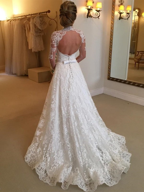 Ball Court Lace Neck Long High Gown Sleeves Train Wedding Dresses