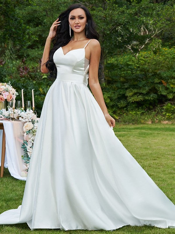 V-neck Satin Sleeveless Sweep/Brush A-Line/Princess Bowknot Train Wedding Dresses