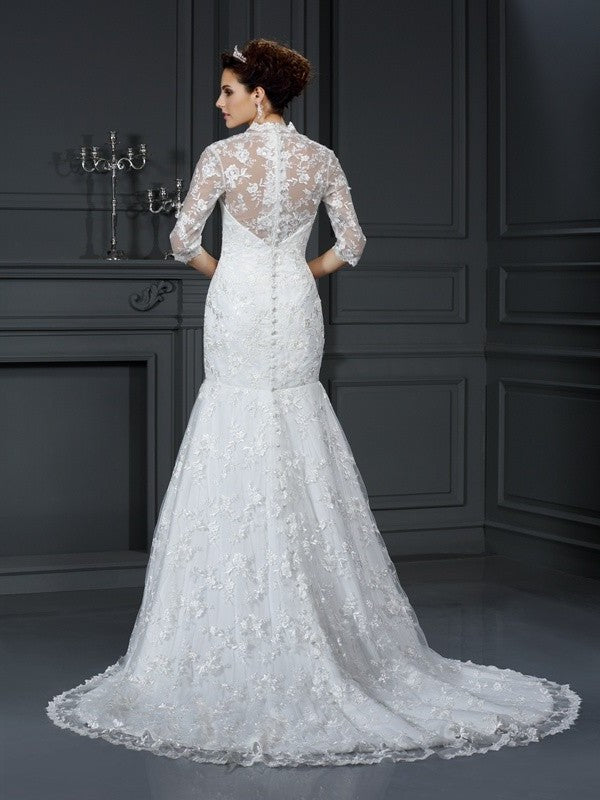 Sleeves Trumpet/Mermaid V-neck Lace 1/2 Long Lace Wedding Dresses