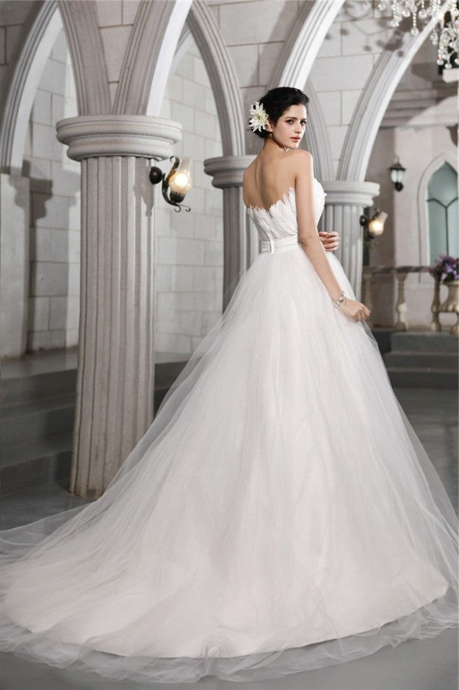 Strapless Long Beading Feather Gown Sleeveless Ball Net Wedding Dresses