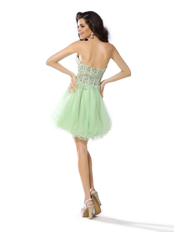 Holly A-Line/Princess Sweetheart Ruffles Homecoming Dresses Sleeveless Short Satin Cocktail Dresses