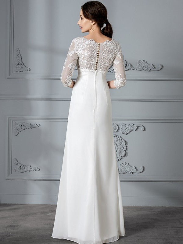 V-neck Chiffon Sheath/Column Sleeves 3/4 Floor-Length Wedding Dresses