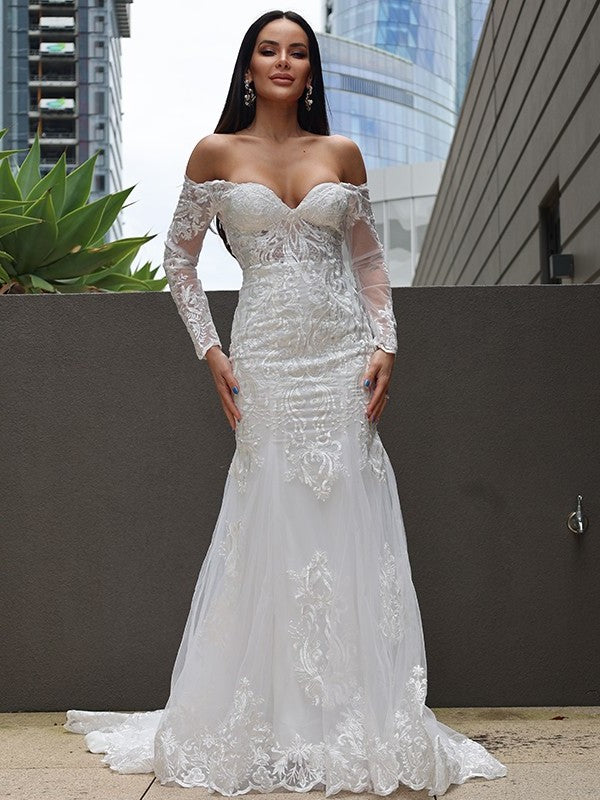 Sweep/Brush Applique Off-the-Shoulder Sleeves Long Trumpet/Mermaid Tulle Train Wedding Dresses