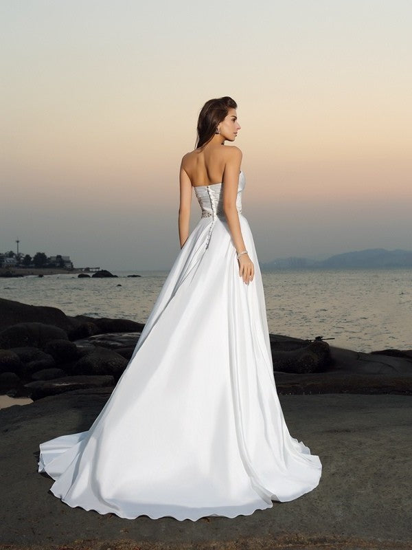 Sleeveless Beading A-Line/Princess Sweetheart Long Taffeta Beach Wedding Dresses