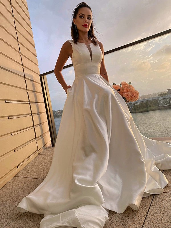 Scoop Ruffles Sweep/Brush A-Line/Princess Sleeveless Satin Train Wedding Dresses