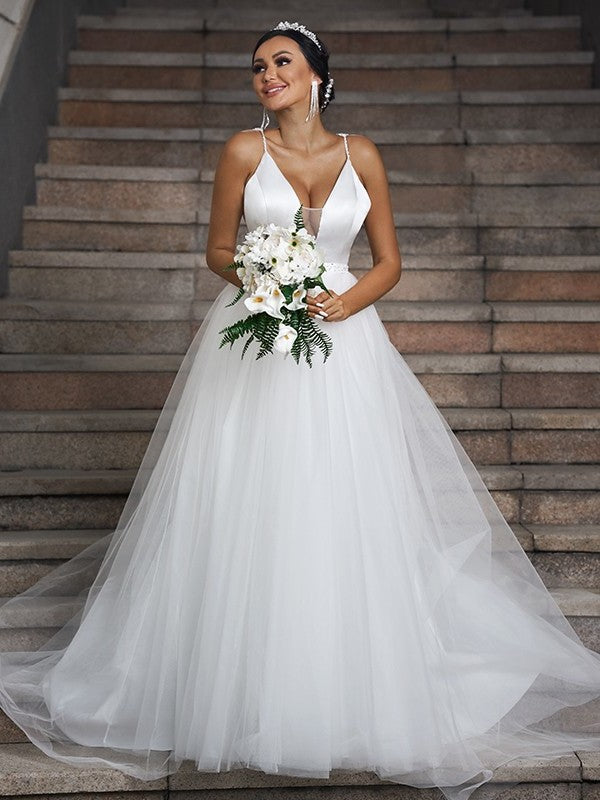 Ruffles Tulle Sleeveless V-neck Sweep/Brush A-Line/Princess Train Wedding Dresses