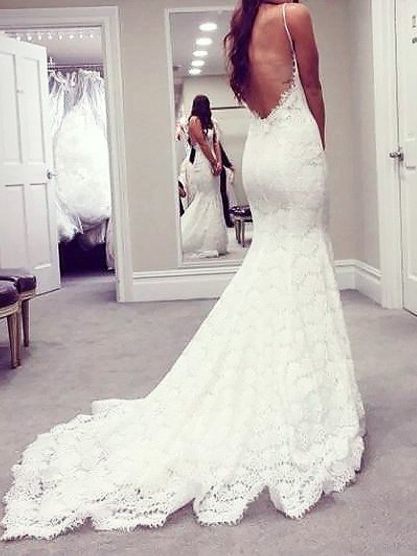 Trumpet/Mermaid Lace Train Court Straps Spaghetti Sleeveless Wedding Dresses