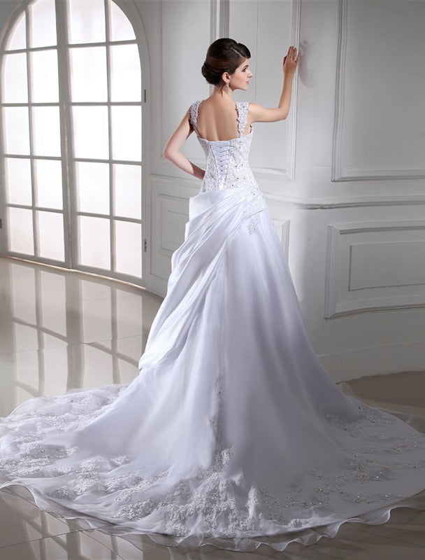 Sleeveless Satin Gown Ball Beading Long Organza Wedding Dresses