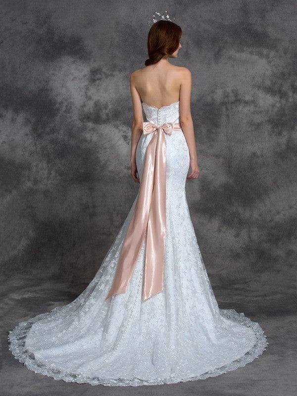 Sash/Ribbon/Belt Strapless Trumpet/Mermaid Sleeveless Long Lace Wedding Dresses