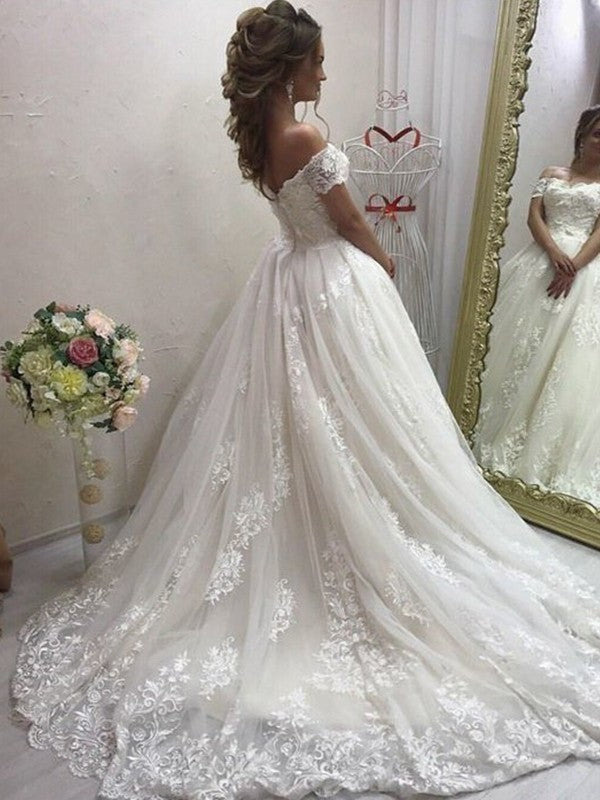 Sleeveless Train Applique Sweep/Brush Off-the-Shoulder A-Line/Princess Tulle Wedding Dresses