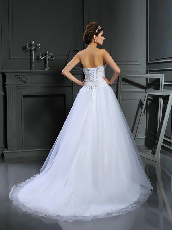 Beading Gown Long Sleeveless Ball Sweetheart Satin Wedding Dresses