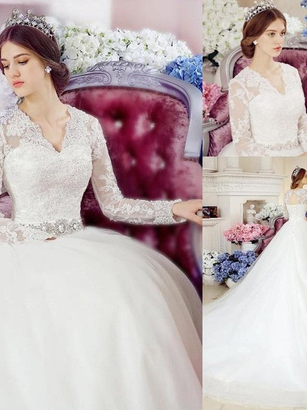 Applique Lace Sleeves A-Line/Princess Long V-neck Cathedral Train Tulle Wedding Dresses