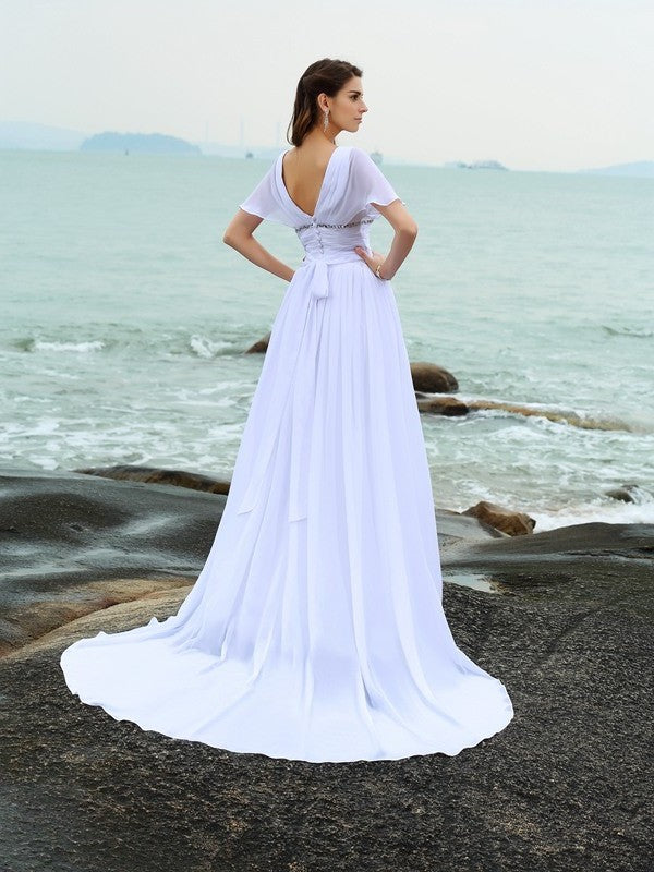 Long Ruffles Short Sleeves A-Line/Princess V-neck Chiffon Beach Wedding Dresses