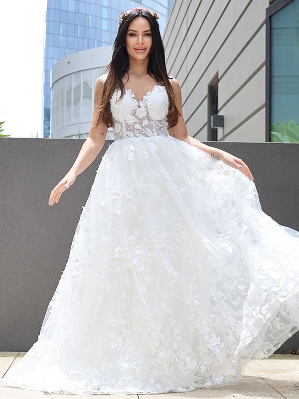 Tulle Sleeveless A-Line/Princess Applique V-neck Floor-Length Wedding Dresses