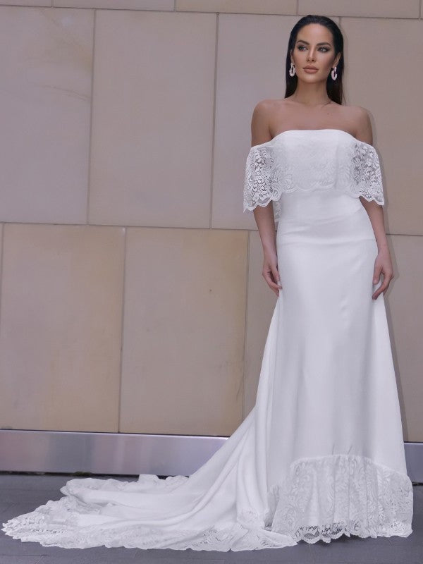 Sheath/Column Sweep/Brush Lace Short Ruffles Sleeves Off-the-Shoulder Train Wedding Dresses