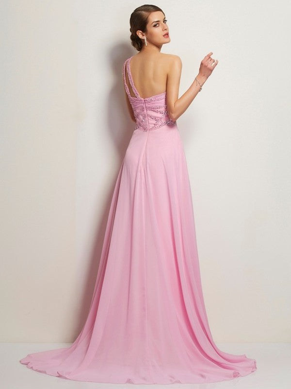 Sleeveless Long One-Shoulder A-Line/Princess Beading Chiffon Dresses