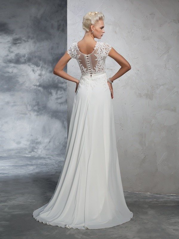 Neck Short Applique A-Line/Princess Long Sheer Sleeves Chiffon Wedding Dresses