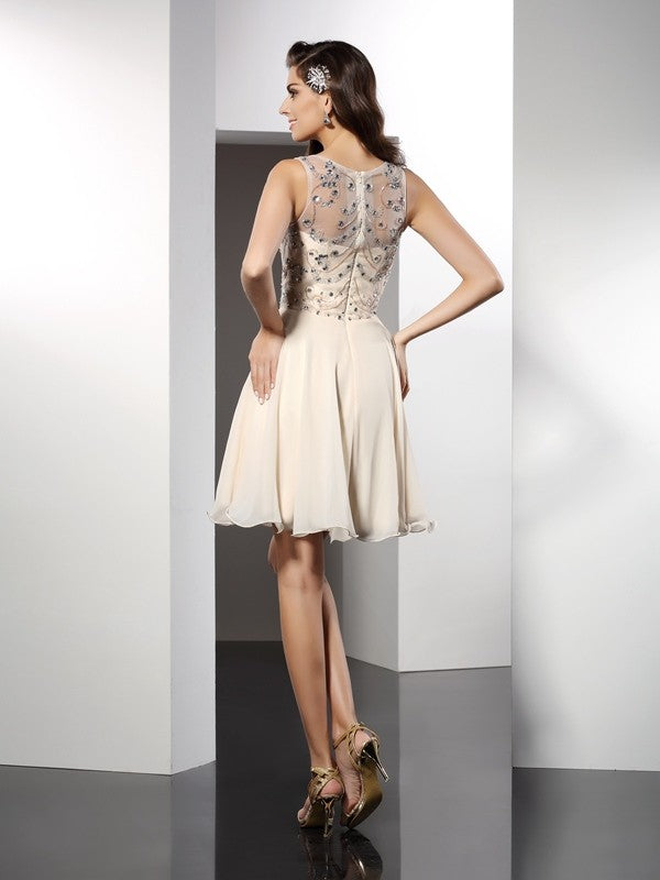 A-Line/Princess Brylee Bateau Homecoming Dresses Beading Sleeveless Short Chiffon Cocktail Dresses