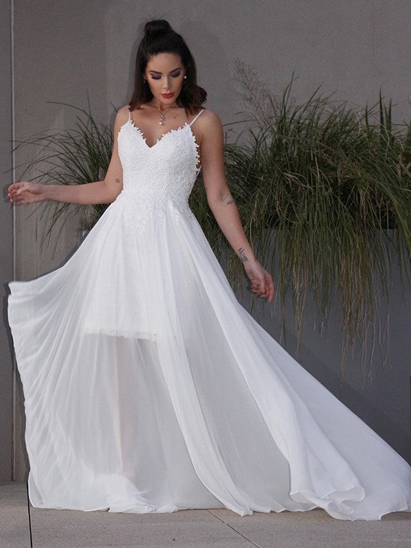 Sweep/Brush Chiffon Sleeveless V-neck A-Line/Princess Applique Train Wedding Dresses