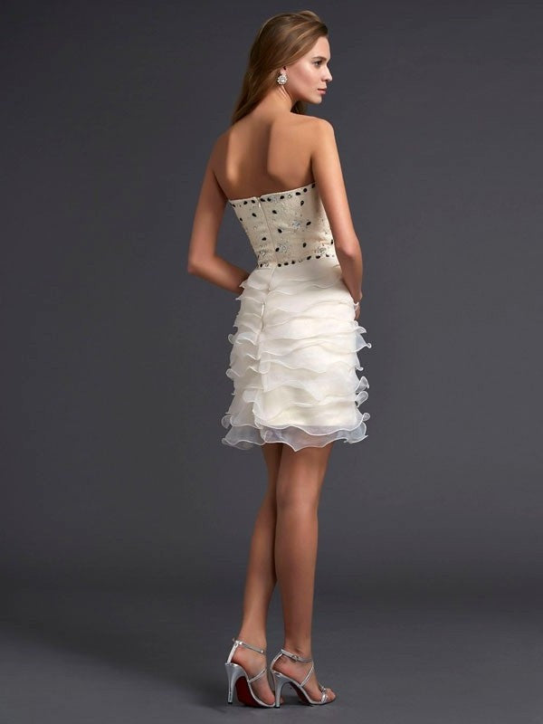 Strapless Short Beading Sheath/Column Sleeveless Tulle Homecoming Dresses