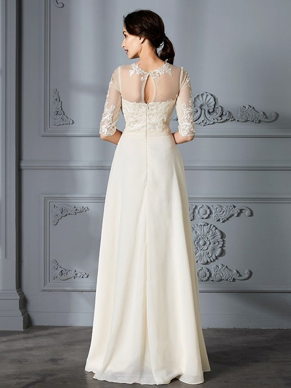 Floor-Length Scoop A-Line/Princess 1/2 Sleeves Chiffon Wedding Dresses