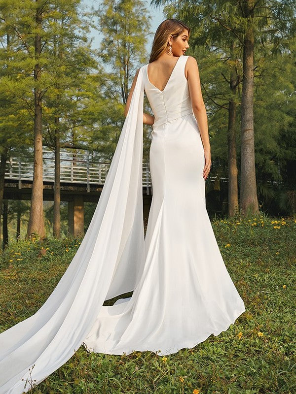 Scoop Satin Sleeveless Sheath/Column Ruched Sweep/Brush Train Wedding Dresses