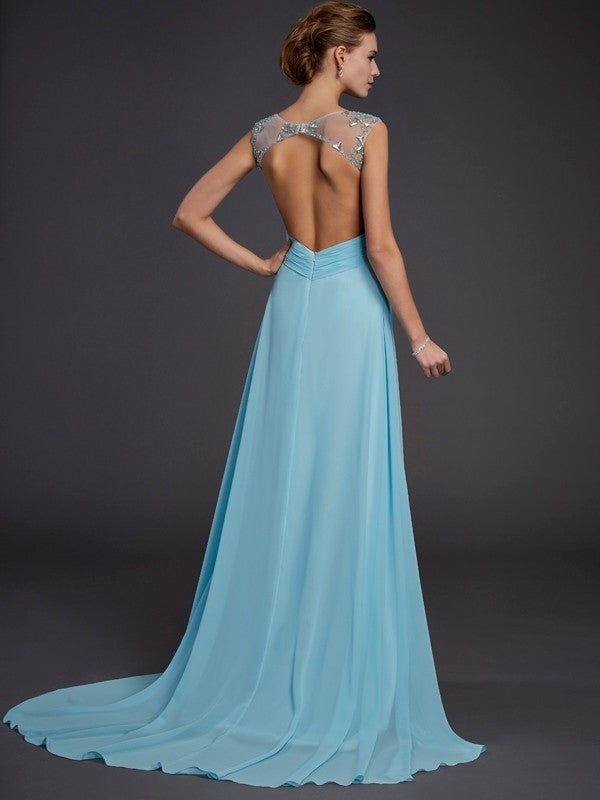 Sleeveless A-Line/Princess Beading Scoop Long Chiffon Dresses