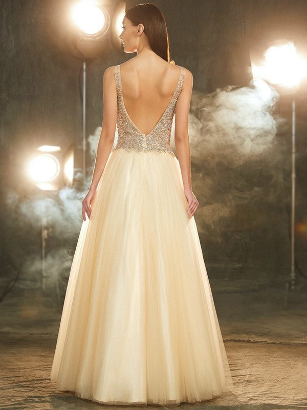 Ball Gown V-neck Sleeveless Beading Floor-length Tulle Dresses