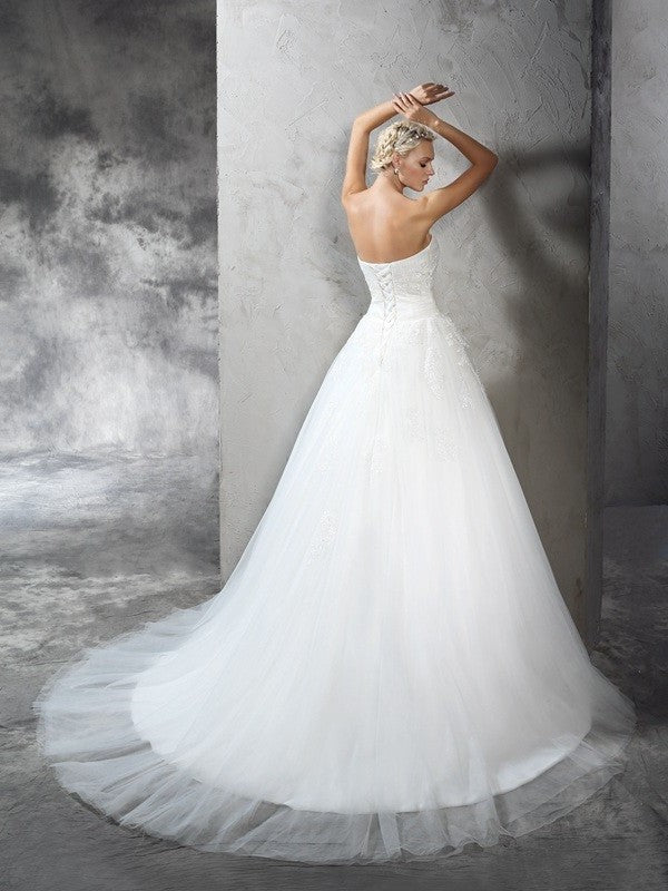 Strapless Ball Sleeveless Gown Long Applique Satin Wedding Dresses