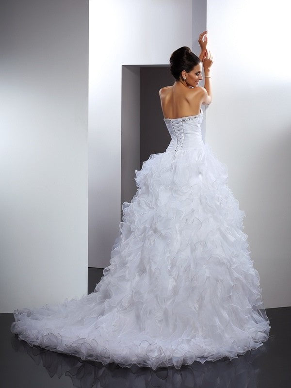 Sweetheart Gown Beading Ball Sleeveless Long Organza Wedding Dresses