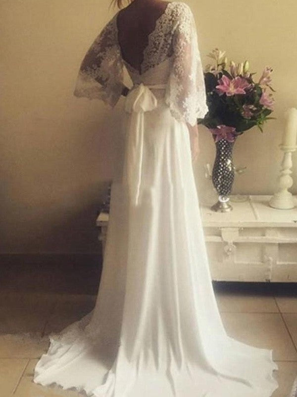 V-neck Train Sleeves A-Line/Princess Sash/Ribbon/Belt Long Court Lace Wedding Dresses