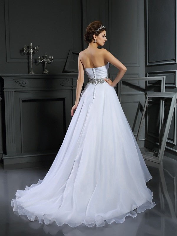 Long Sleeveless Ball Gown Beading Sweetheart Satin Wedding Dresses