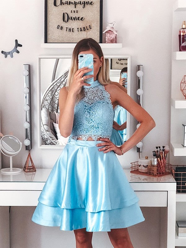 Short/Mini A-Line/Princess Lace Satin Two Halter Sleeveless Piece Homecoming Dresses