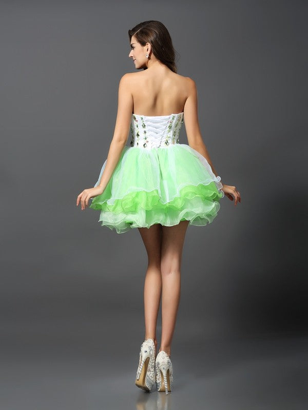 A-Line/Princess Homecoming Dresses Lexie Strapless Ruffles Sleeveless Short Organza Cocktail Dresses