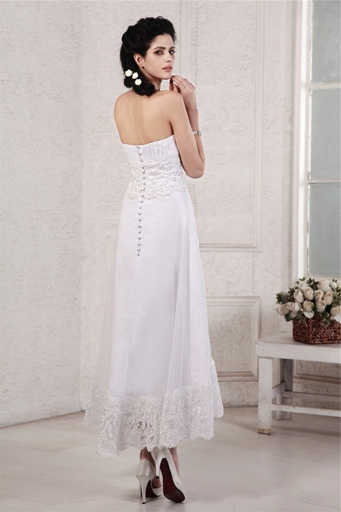 A-Line/Princess Applique Sleeveless Pleats Short Beading Strapless Chiffon Wedding Dresses