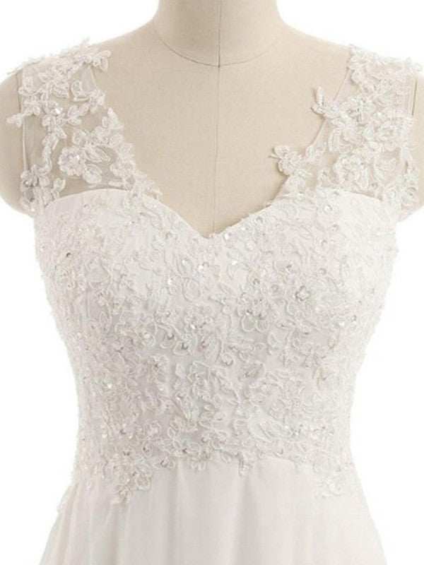 Sleeveless Sweep/Brush A-Line/Princess Lace V-neck Train Chiffon Wedding Dresses