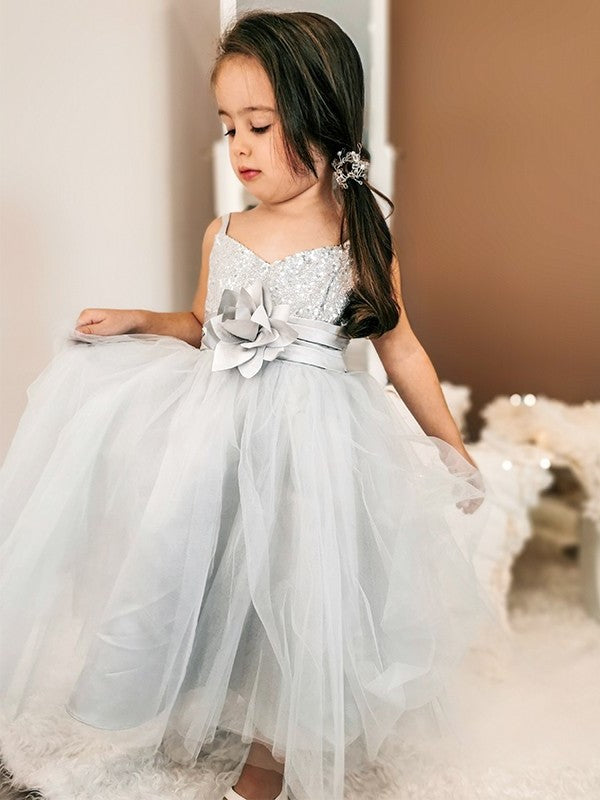 A-Line/Princess Sequin Tea-Length Spaghetti Tulle Sleeveless Straps Flower Girl Dresses