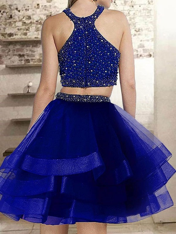 Organza Halter Short Cut A-Line With Beading Blue Homecoming Dresses