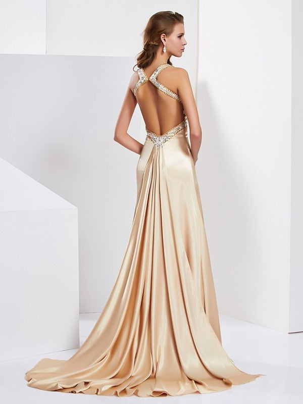 Silk Long Ruffles Sleeveless Halter Sheath/Column like Satin Dresses