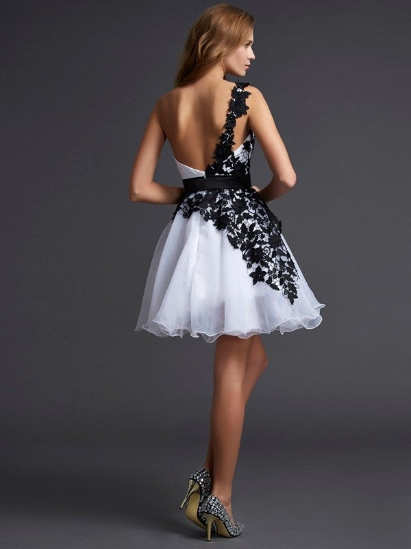 One-Shoulder Short A-Line/Princess Lace Sleeveless Organza Homecoming Dresses