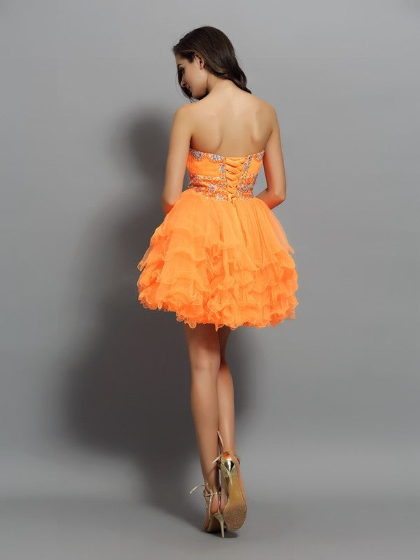 A-Line/Princess Sweetheart Ruffles Sleeveless Abbey Short Satin Homecoming Dresses Cocktail Dresses